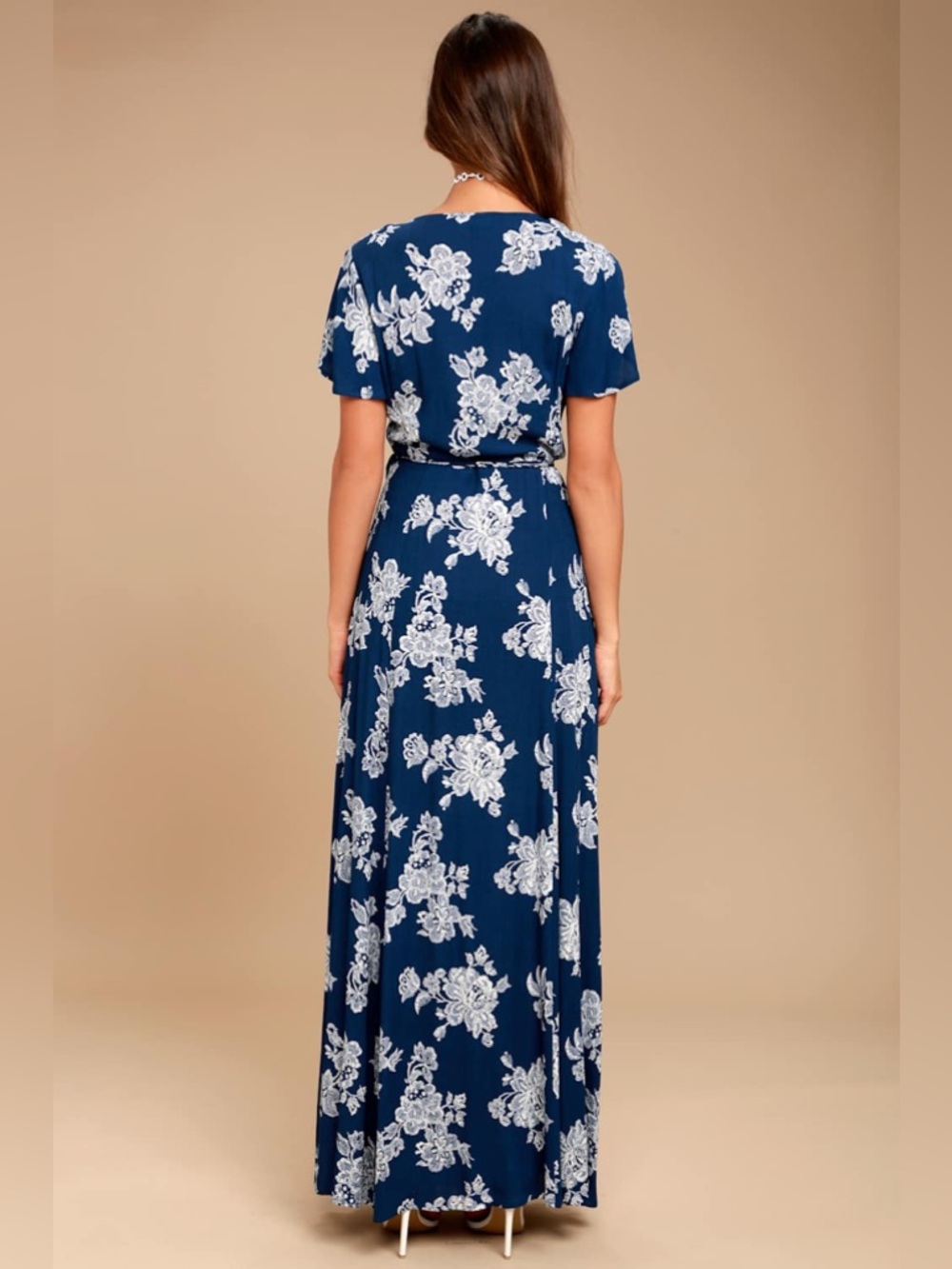 Lulus Heart of Marigold Navy Blue Floral Print Wrap Maxi Dress size M - Picture 3 of 8